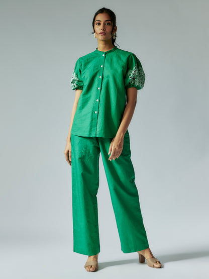 Green Cotton Linen Cut-work Co-ord Set