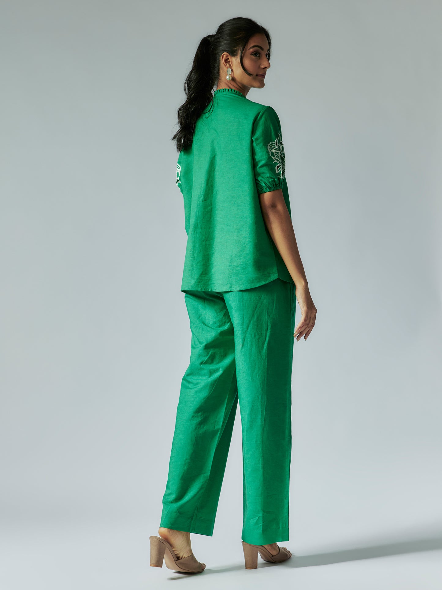 Green Cotton Linen Cut-work Co-ord Set