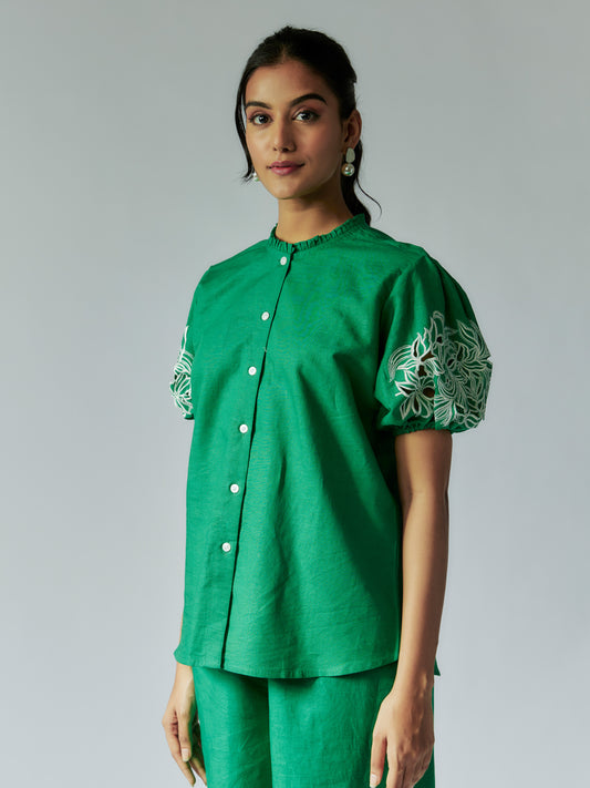 Green Cotton Linen Shirt with Cut-Work Sleeves