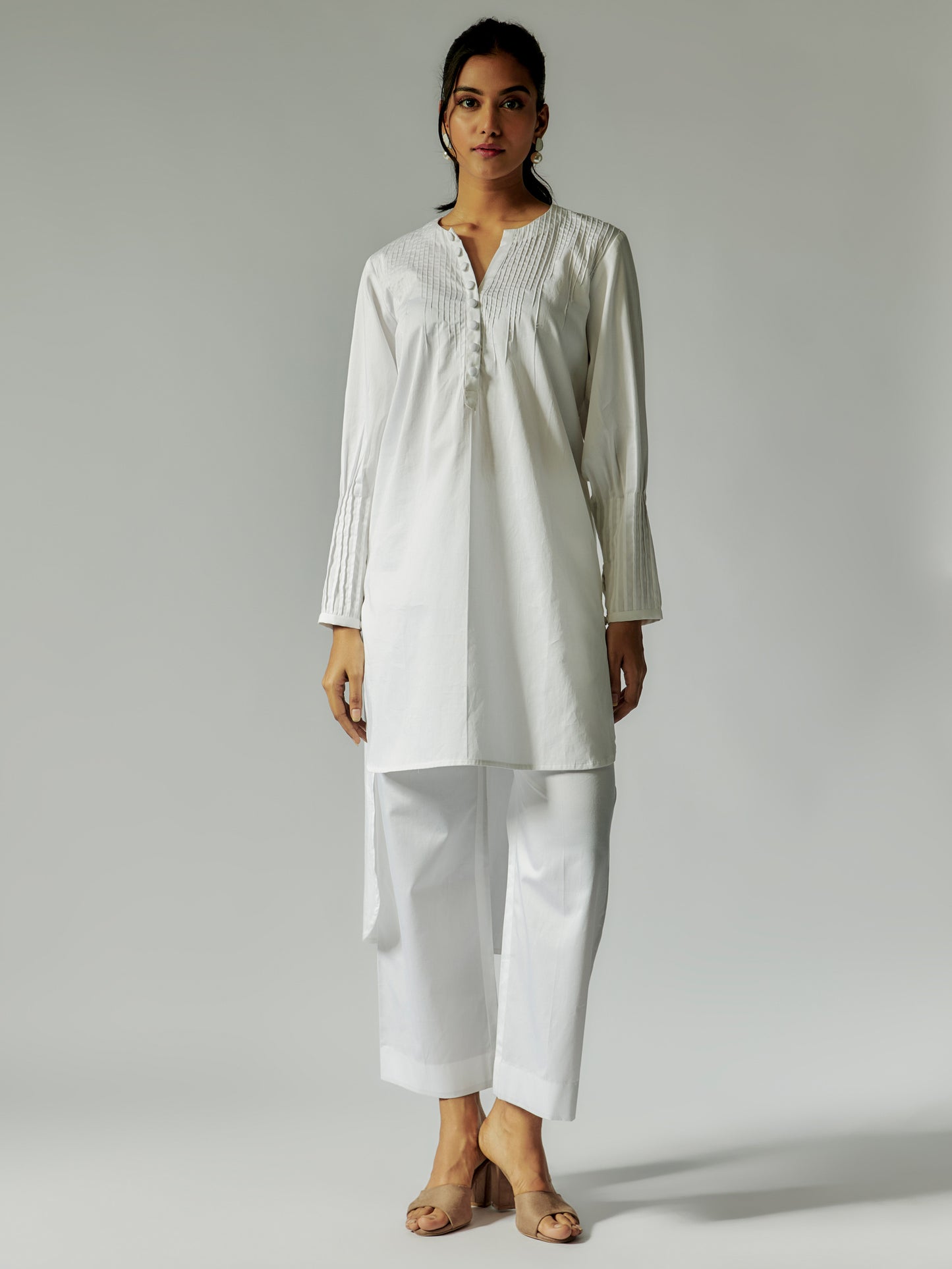 White Cotton Linen Tunic Set with Pintuck Details