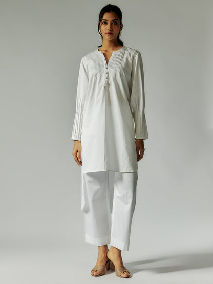 White Cotton Linen Tunic Set with Pintuck Details