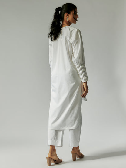 White Cotton Linen Tunic Set with Pintuck Details