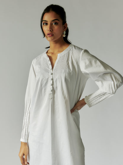 White Cotton Linen Tunic Set with Pintuck Details