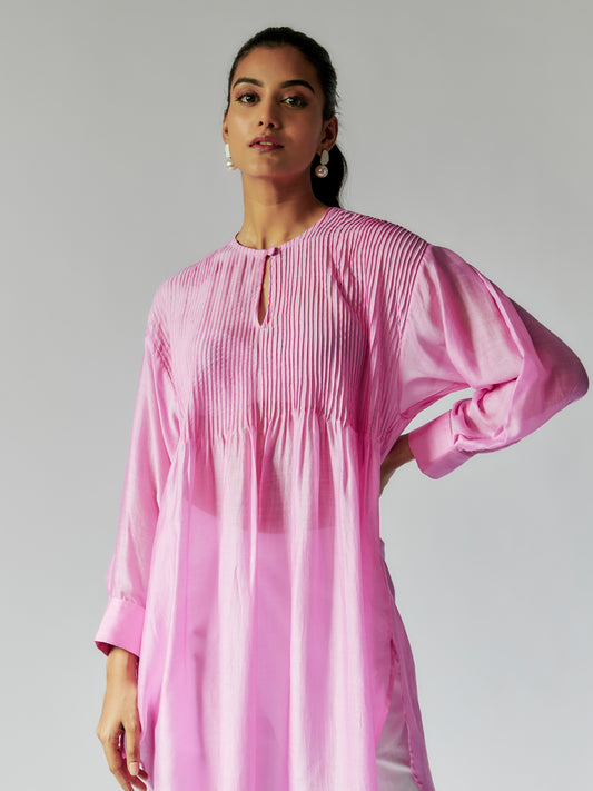 Pink Cotton Silk Top with Pintuck Details