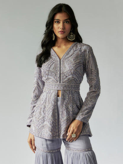 Lilac Net and Georgette Sharara Set