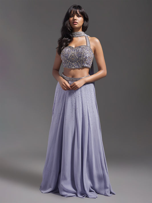 Lilac Georgette Embroidered Skirt Set