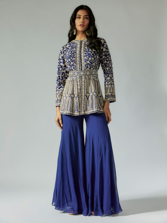 Navy Blue Net and Georgette Sharara Set with Ivory Work