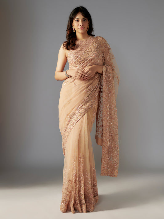 Nude Hand Embroidered Net Saree with Embriodered Blouse - Taj Mahal 2024