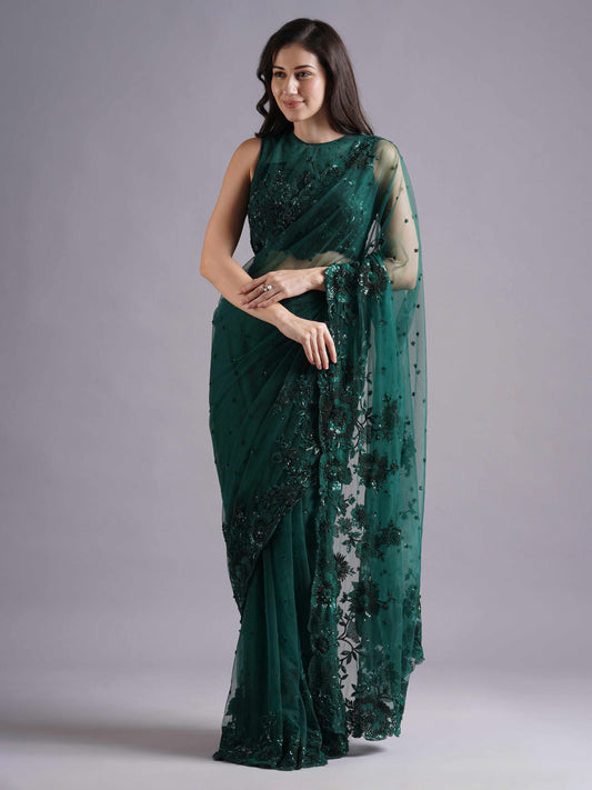 Enchanted Bottle Green Net Saree Set