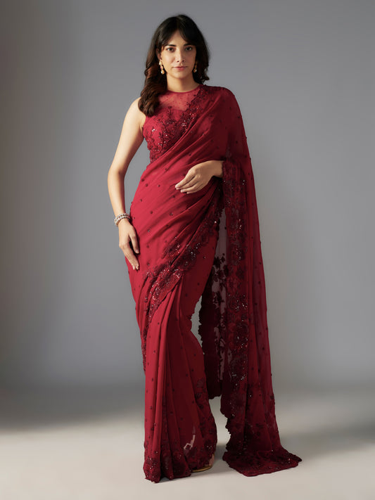 Enchanted Maroon Georgette Saree Set