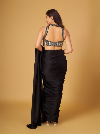 Black Satin Georgette Pre-Stitched Saree with Embroidered Blouse