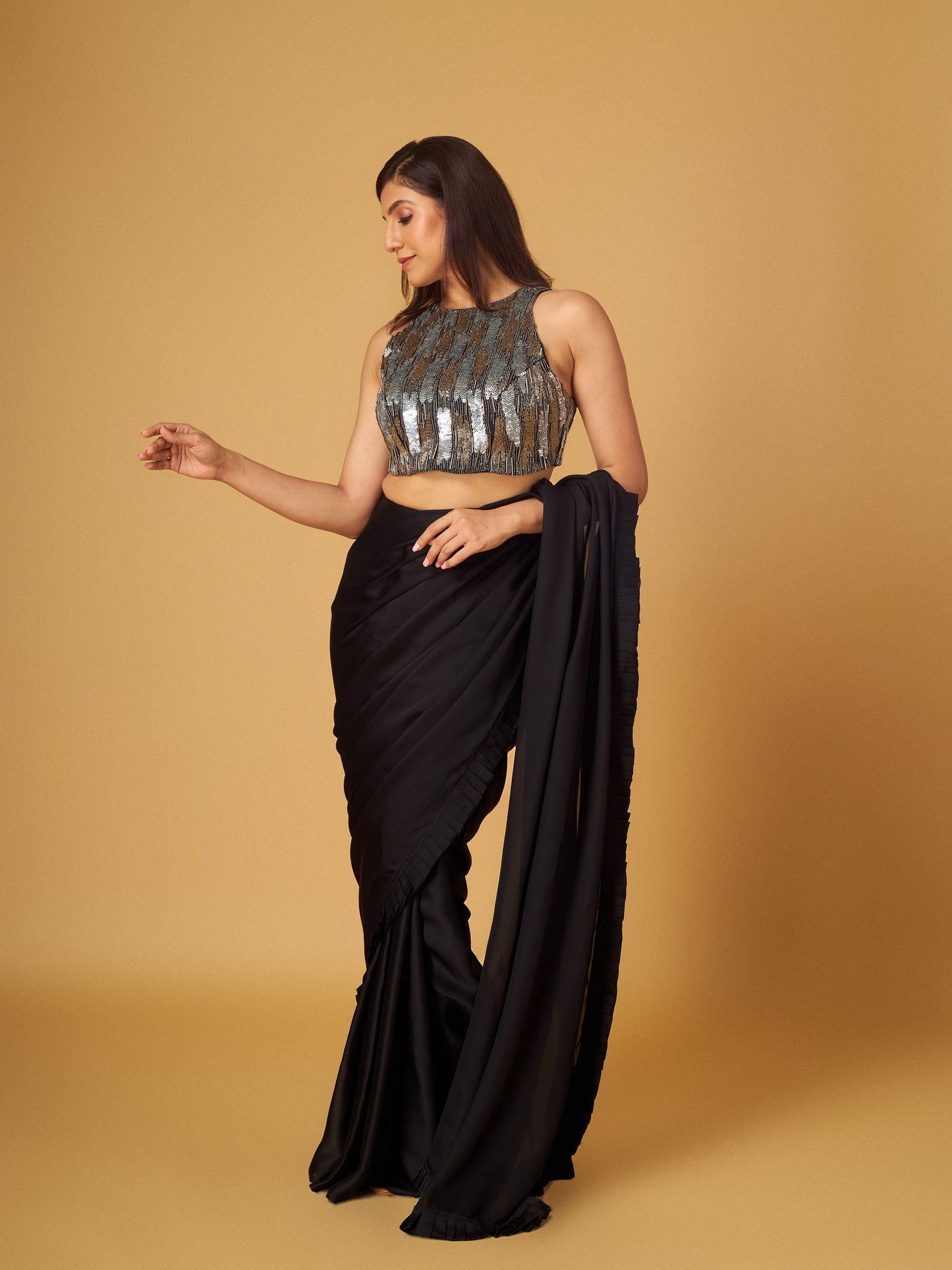 Black Satin Georgette Pre-Stitched Saree with Embroidered Blouse