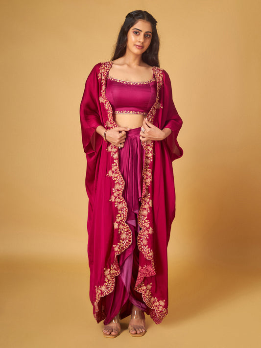 Festive Fuchsia Modal Satin Embroidered Cape and Draped Skirt Set