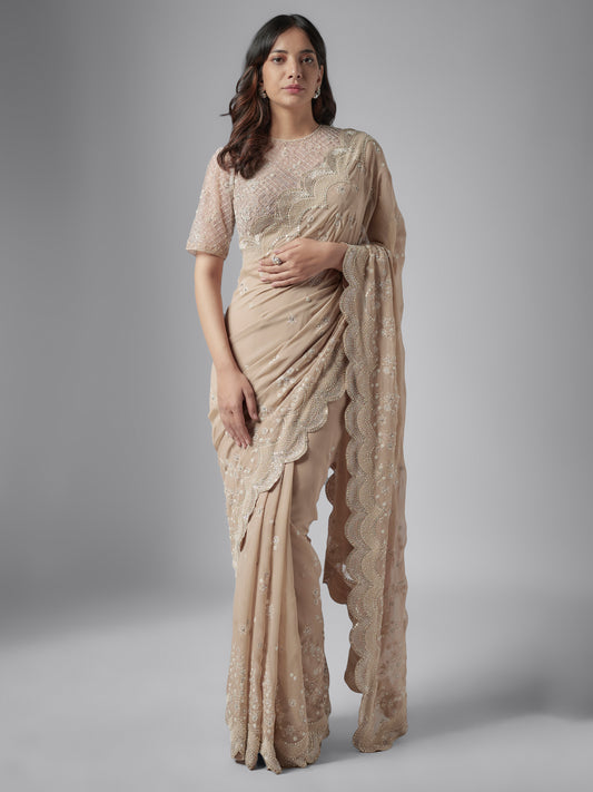 Beige Monarch Georgette Embroidered Saree with Blouse