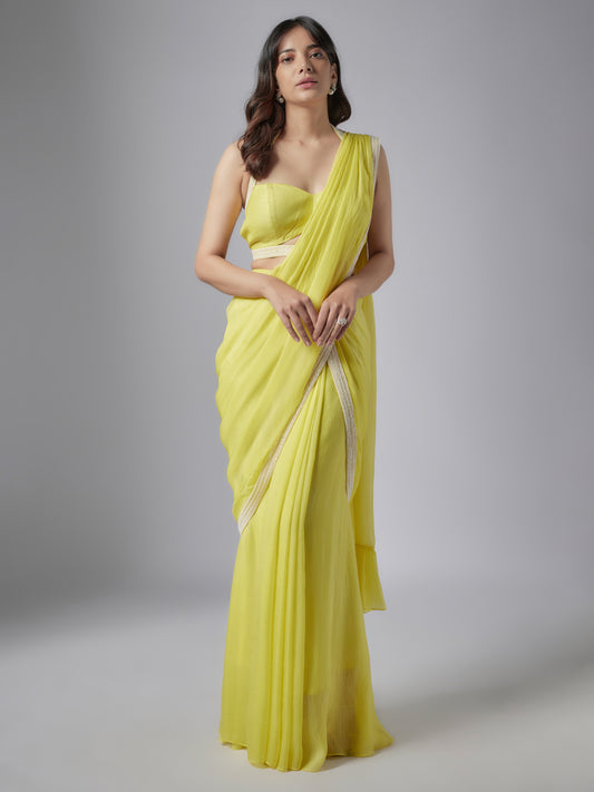 Lime Green Flat Chiffon Embroiderd Pre-Stitched Saree