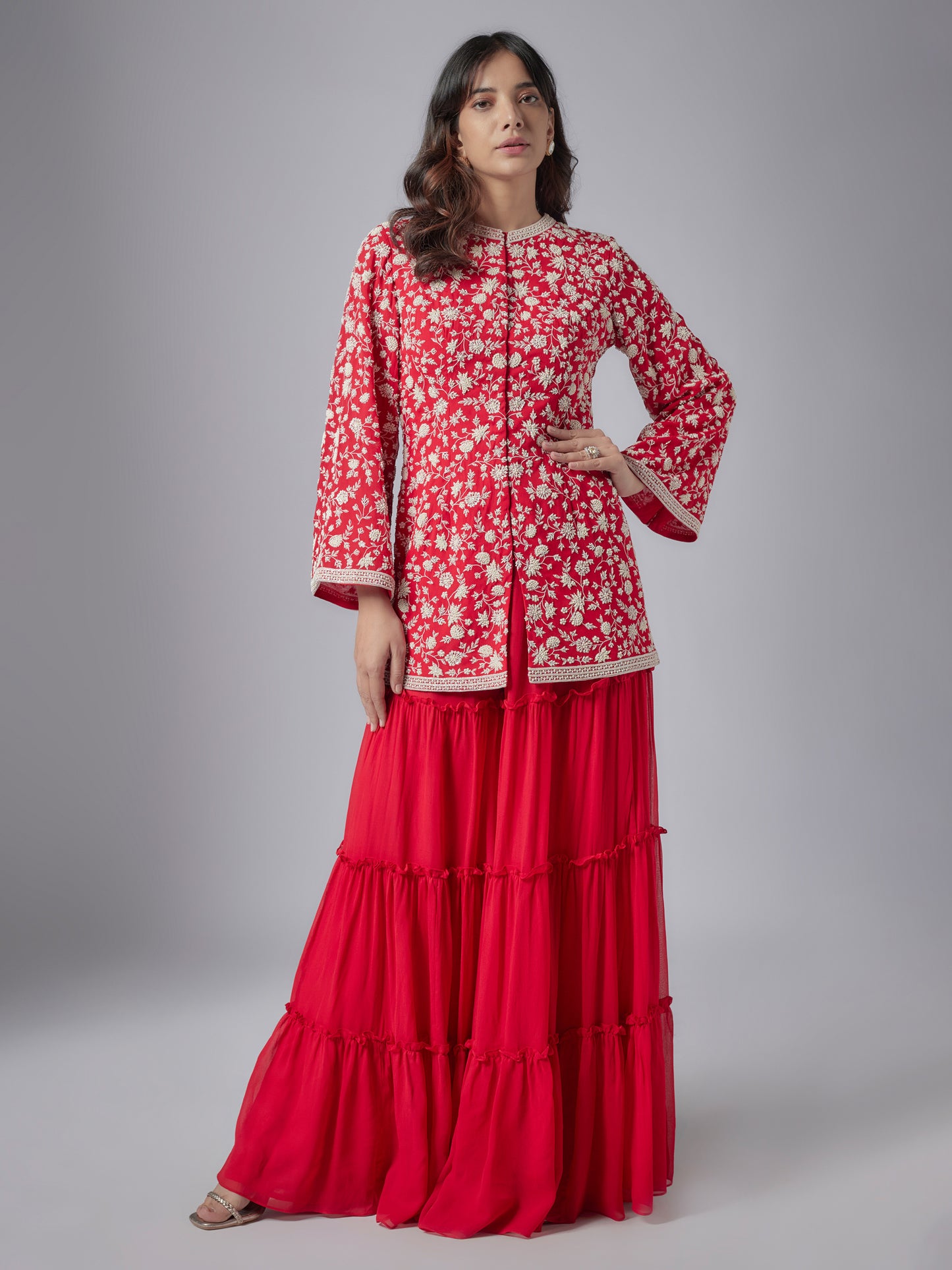 Red Georgette Embroidered Sharara Set