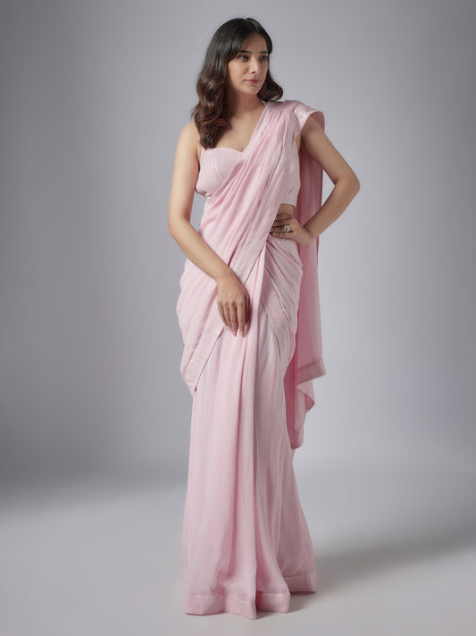 Light Pink Georgette Pre-Stitched Saree