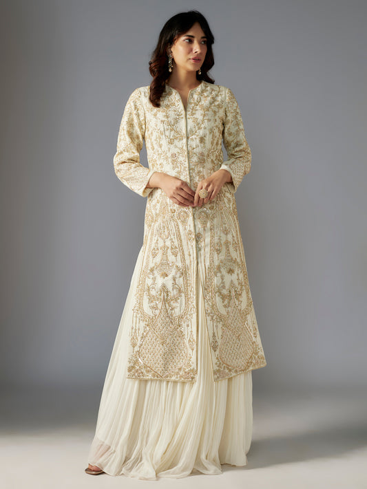 Ivory Hand Embroidered Long Jacket and Skirt Set