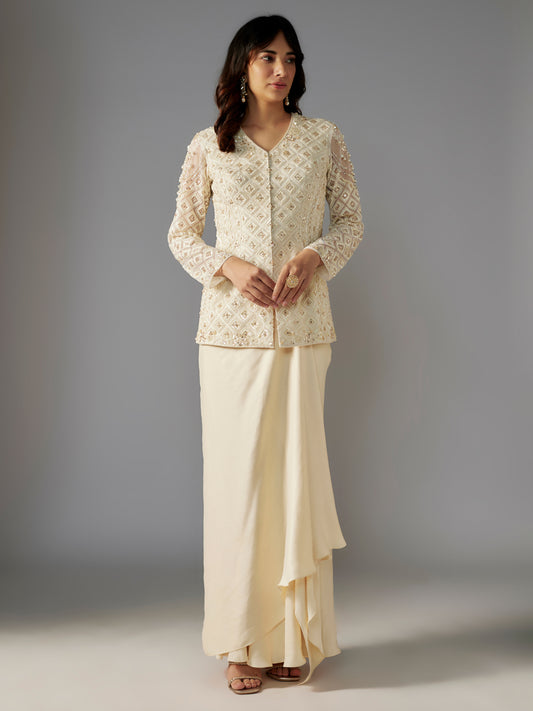 Ivory Hand Embroidered Net Jacket and Draped Skirt Set