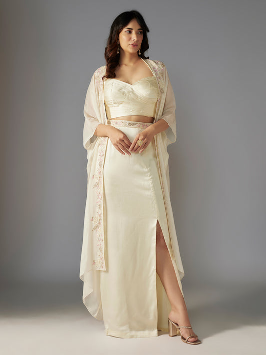 Ivory Hand Embroidered Side Slit Skirt Set with Embroidered Cape