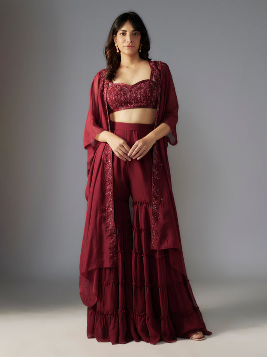 Maroon Hand Embroidered Sharara Set with Cape