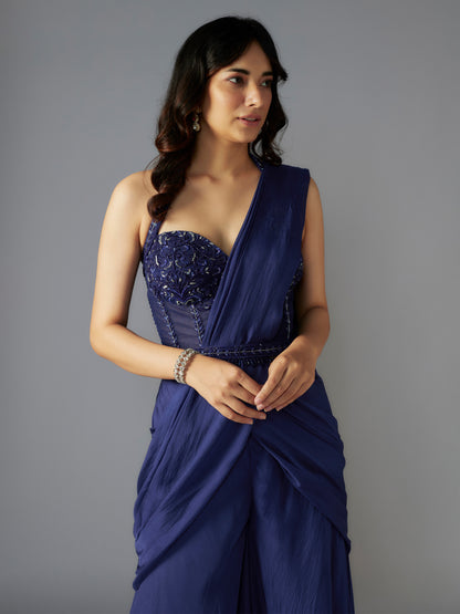 Navy Hand Embroidered Flat Chiffon Draped Sharara Set