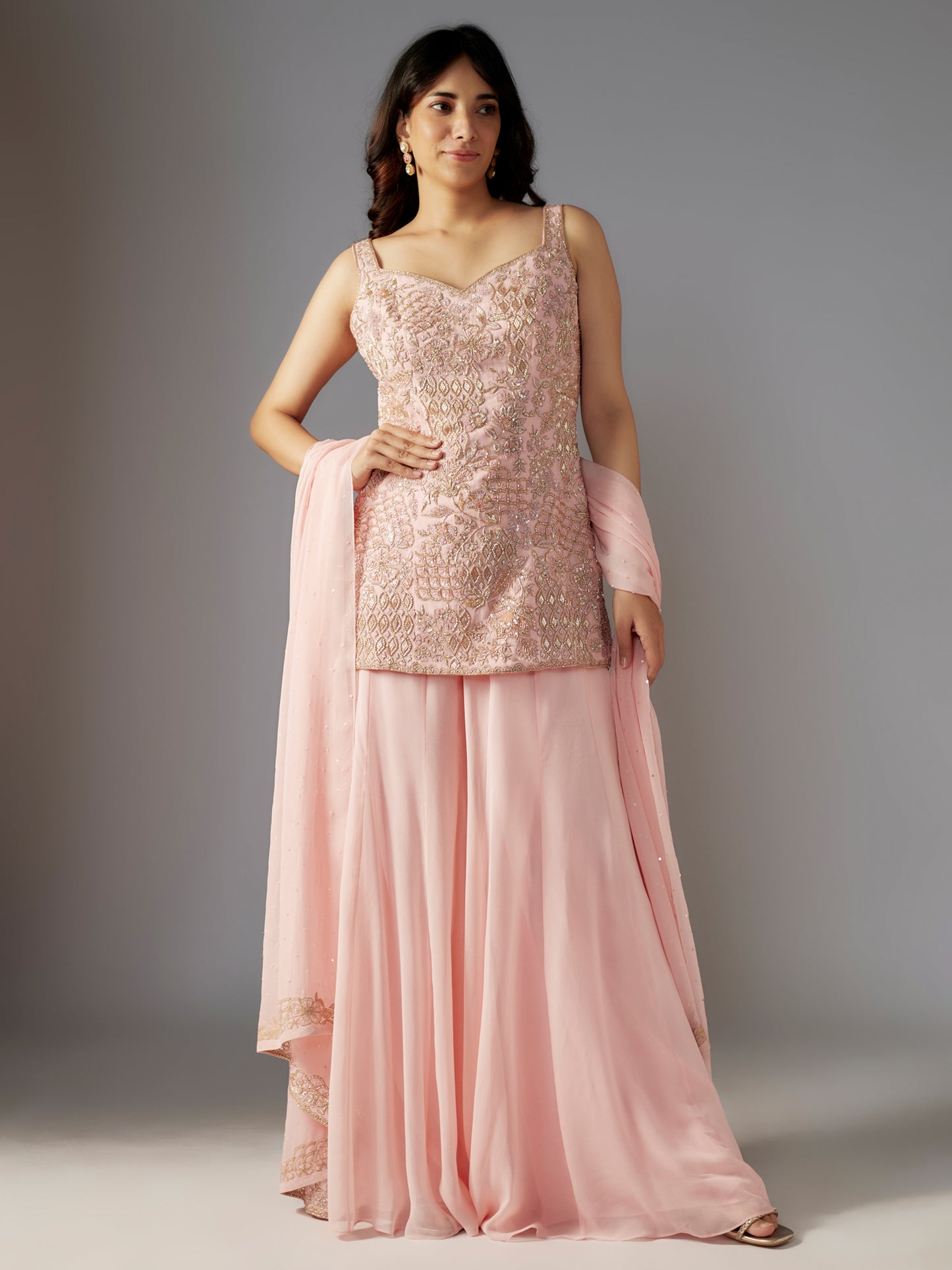 Pink Hand Embroidered Georgette Kurta and Sharara Set