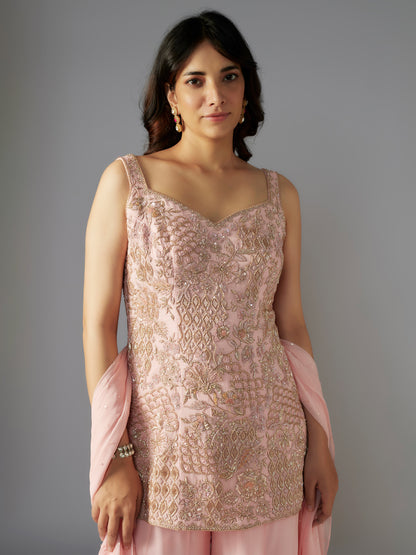 Pink Hand Embroidered Georgette Kurta and Sharara Set