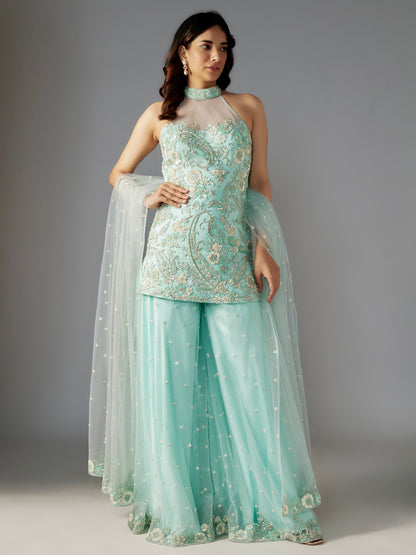 Powder Blue Hand Embroidered Net Short Kurta and Sharara Set