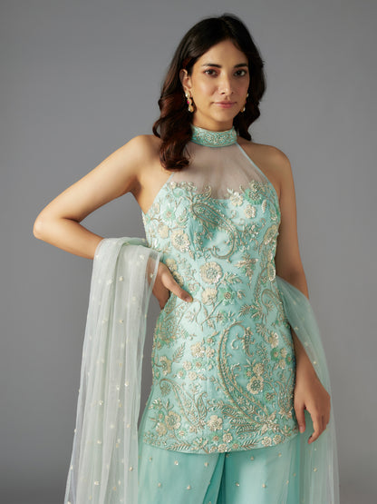 Powder Blue Hand Embroidered Net Short Kurta and Sharara Set