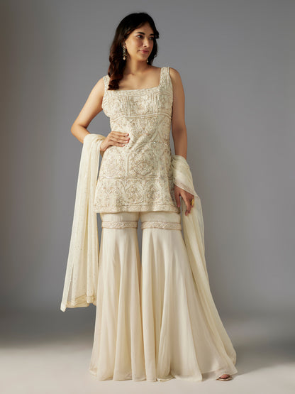 Ivory Hand Embroidered Georgette Short Kurta and Sharara Set