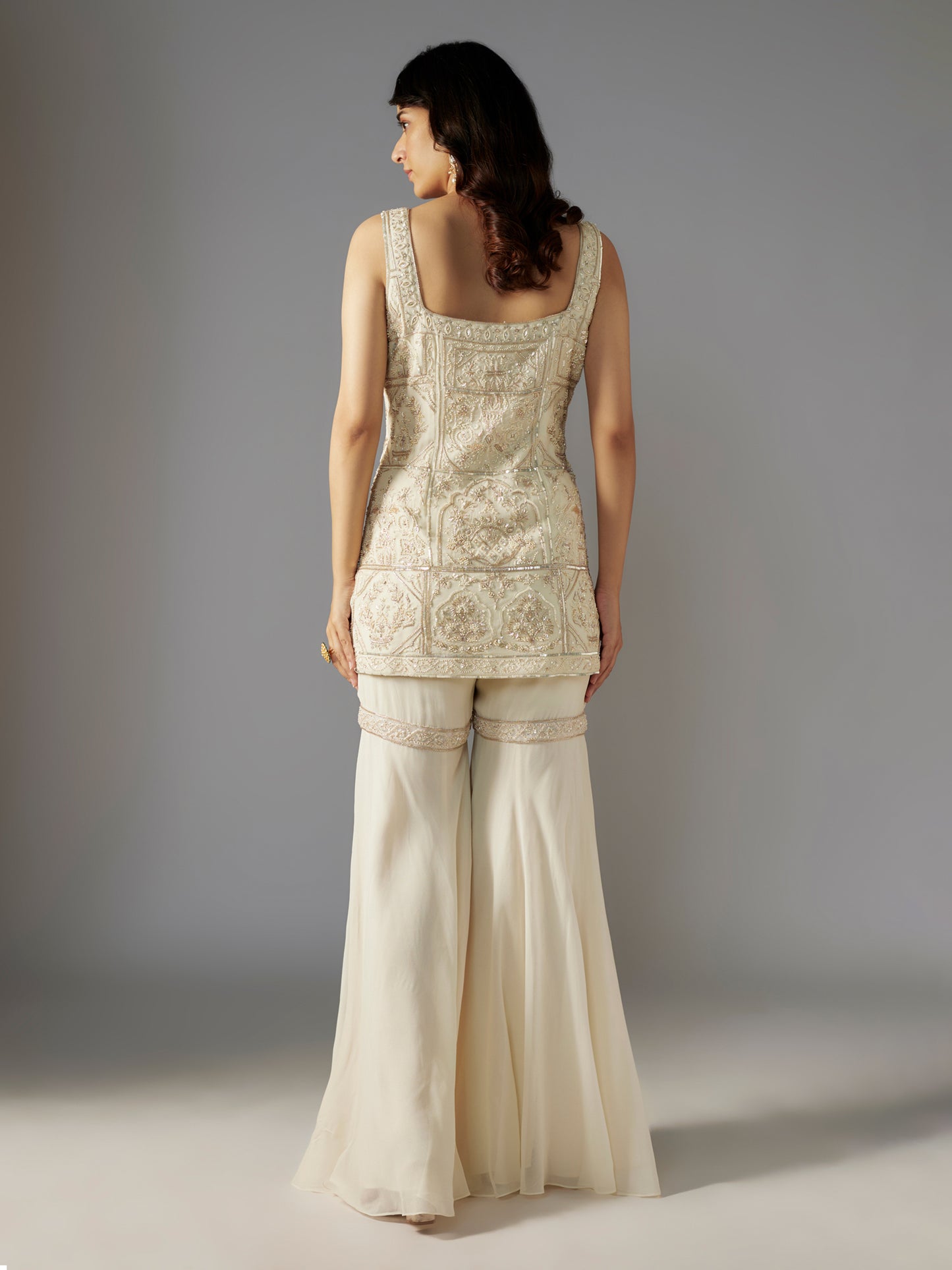 Ivory Hand Embroidered Georgette Short Kurta and Sharara Set