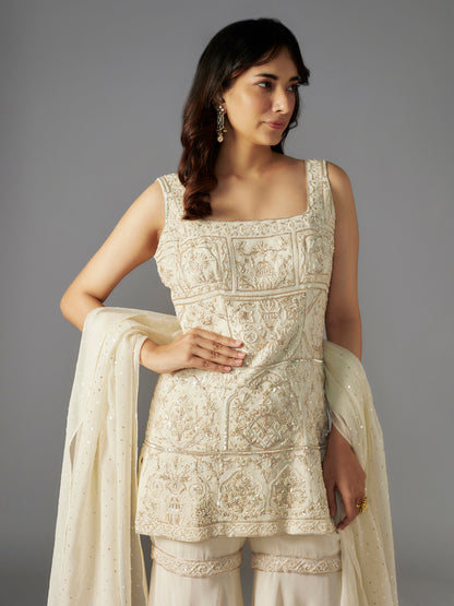 Ivory Hand Embroidered Georgette Short Kurta and Sharara Set