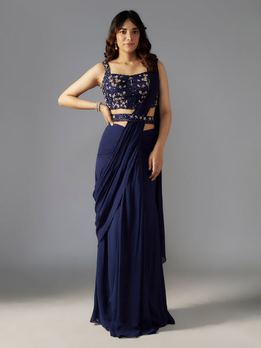 Navy Embroidered Draped Saree Set