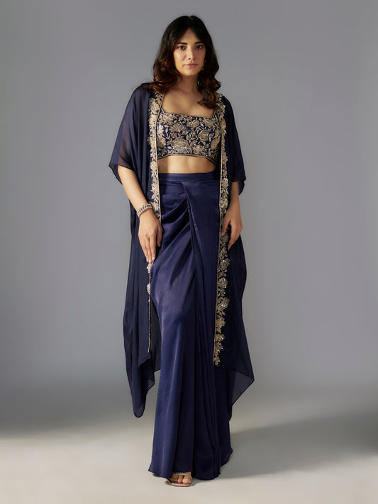 Navy Hand Embroidered Modal Satin Draped Skirt Set with Cape