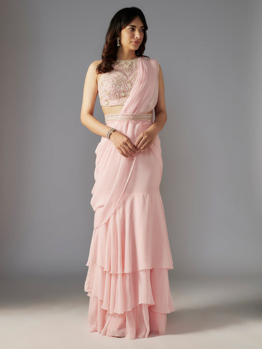 Pink Hand Embroidered Georgette Draped Saree Set