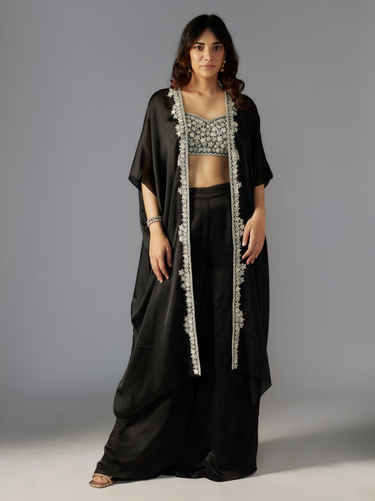 Black Embroidered Crepe Satin Sharara Set with Cape