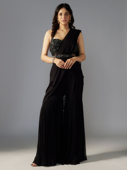 Black Georgette Draped Sharara Saree Set with Belt