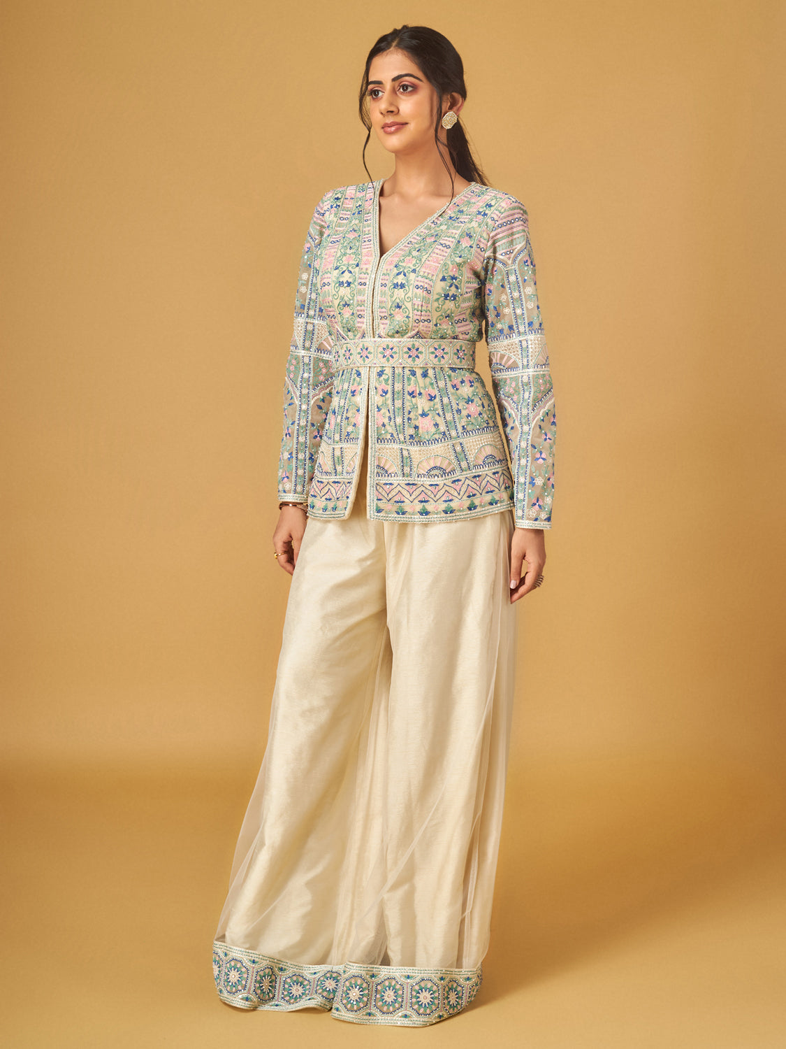 Ivory Net Multicolour Thread work Jacket and Pants Set