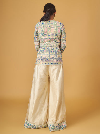 Ivory Net Multicolour Thread work Jacket and Pants Set