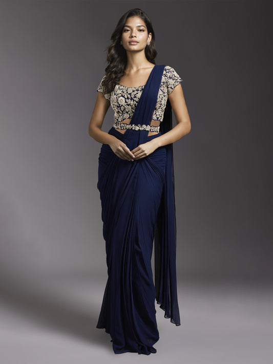 Navy Rose Cutwork Blouse with Ruched Saree and Belt