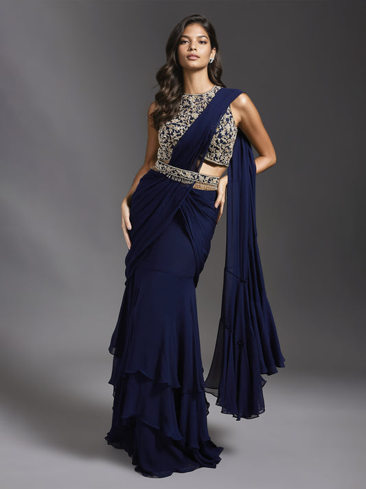 Navy Net Floral Close Neck Blouse with Georgette Draped Saree and Belt