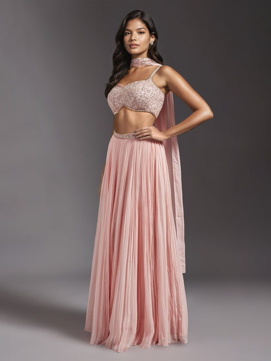 Pink Georgette Pleated Lehenga with Strappy Embroidered Blouse and Choker Dupatta