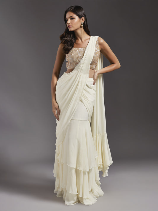 Ivory Net Abstract Line Embroidered Blouse with Georgette Draped Saree and Belt