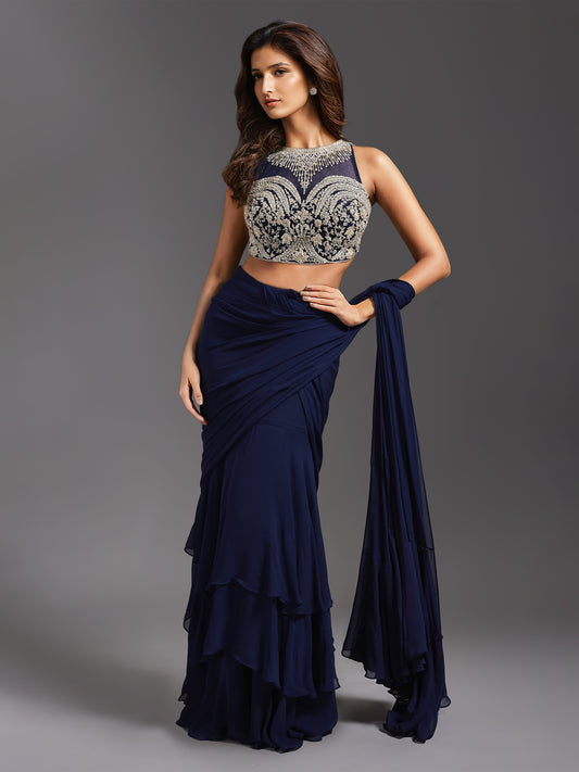 Navy Net Embroidered Blouse and Georgette Draped Saree Set with Belt