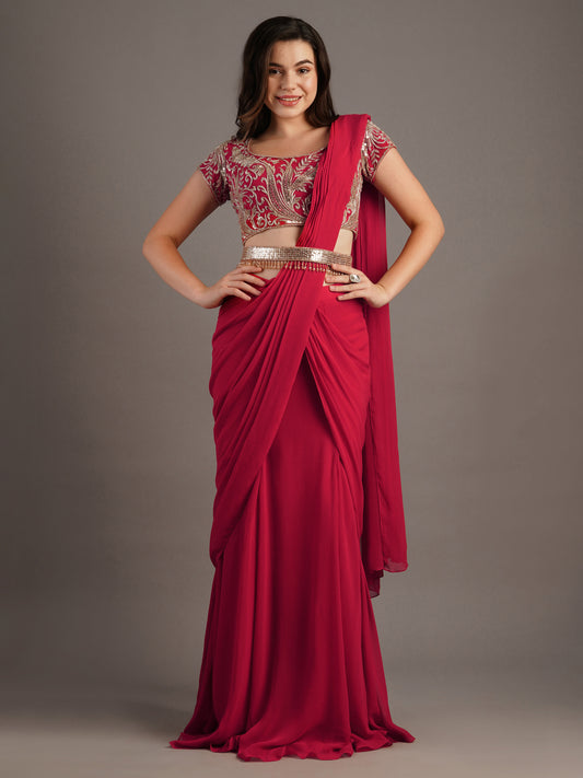 Cherry Red Georgette Makai Round Neck Blouse With Kali Mermaid Georgette Draped Saree And Belt