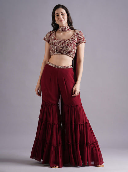 Maroon Scallop with Flower Embroidery Sleeveless Blouse with Tiered Sharara and Choker