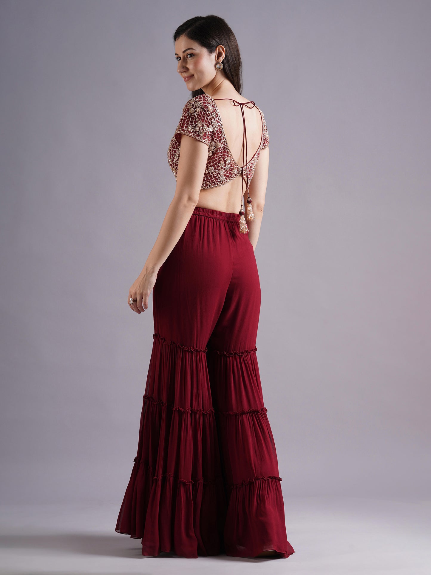 Maroon Scallop with Flower Embroidery Sleeveless Blouse with Tiered Sharara and Choker