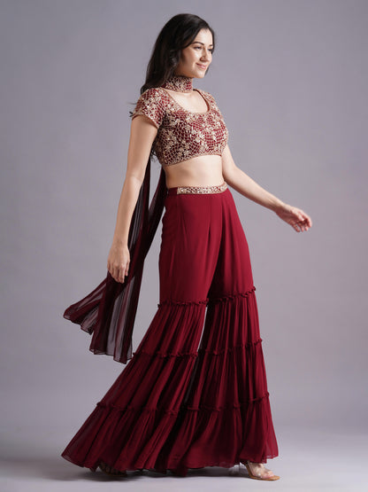 Maroon Scallop with Flower Embroidery Sleeveless Blouse with Tiered Sharara and Choker