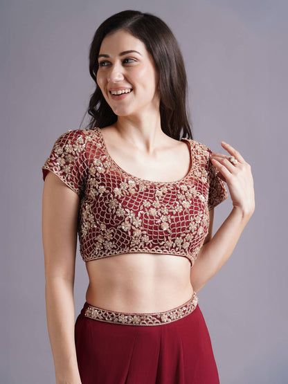 Maroon Scallop with Flower Embroidery Sleeveless Blouse with Tiered Sharara and Choker